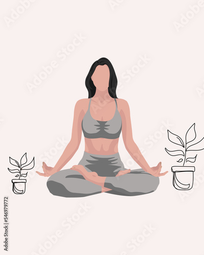 Black haired girl doing yoga pilates gymnastics sport in gray t-shirt leggings in faceless style on white background with drawing flowers	

