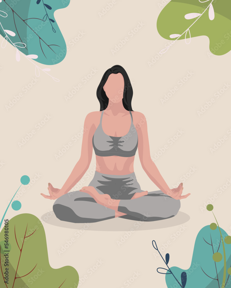 Black haired girl doing yoga pilates gymnastics sport in gray t-shirt and leggings in faceless style on pale yellow background with blue green big leaves and flowers in the corners	

