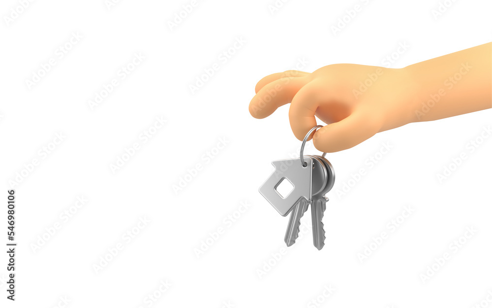 Cartoon hand hold a bunch of keys. Real estate sale or property investment concept isolated on white background. 3d rendering Cartoon hand hold a bunch of keys. Real estate sale or property investment concept isolated on white background. 3d rendering