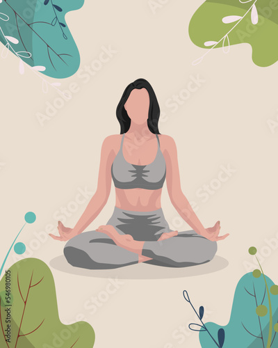 Black haired girl doing yoga pilates gymnastics sport in gray t-shirt and leggings in faceless style on pale yellow background with blue green big leaves and flowers in the corners	
