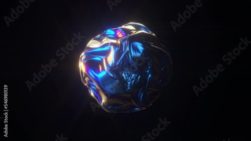 Abstract morphing liquid sphere with iridescent pearl colors.Holographic amorphous metallic blue ball with gold and fuchsia sparkles on a black background.Fluid metal flow simulation.3D animation loop photo