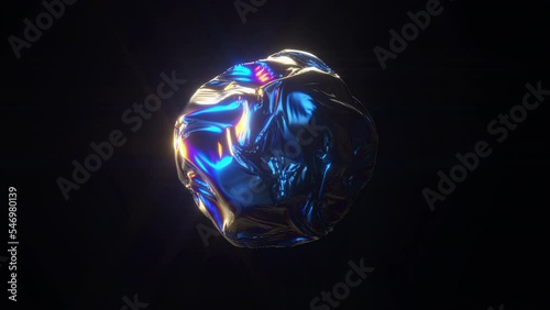 Abstract morphing liquid sphere with iridescent pearl colors.Holographic amorphous metallic blue ball with gold and fuchsia sparkles on a black background.Fluid metal flow simulation.3D animation loop