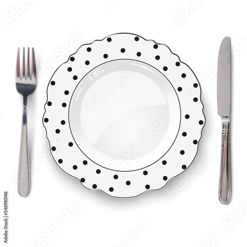 Empty vector white dish with figured edges and black polka dot pattern on white background and knife and fork isolated. Close up view from above.