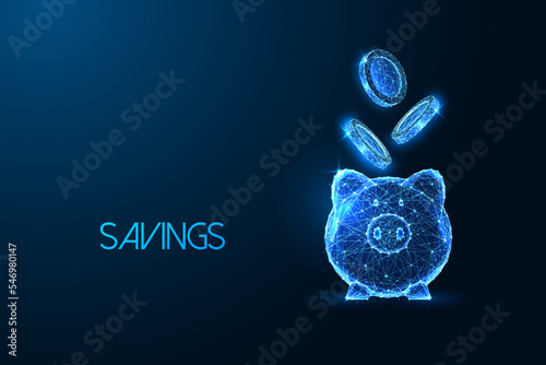 Money savings concept with coins and piggy bank in futuristic glowing low polygonal style on blue 