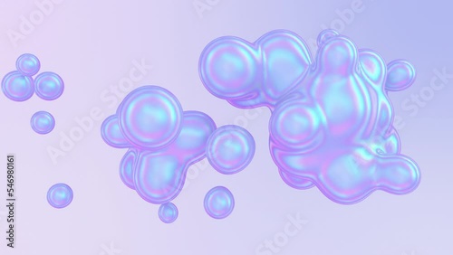 Fussion of iridescent metaball or organic floating bubbles. Amorphous pearled blobs on a pastel color background. Liquid abstract shapes, viscous substance in transition deformation process, 3d render photo