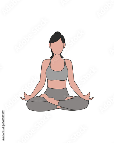 Dark haired girl doing yoga pilates gymnastics sport in gray t-shirt and leggings in line style on white background	