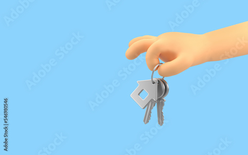 Rent apartment concept with Cartoon hand hold a bunch of keys. Real estate sale or property investment concept on bright red background. 3d rendering