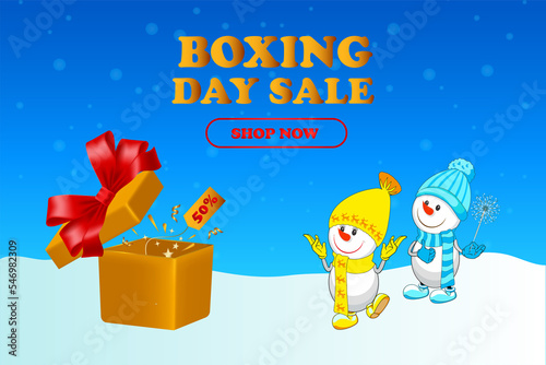 Merry Christmas! Funny snowmen. Boxing Day. Sale. Card. Blue background.