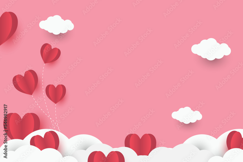 pink heart on red paper abstract background with sky and line design for valentine's day festival, Mother´s day, poster heart, banners, gift card. Vector illustration. paper art style.