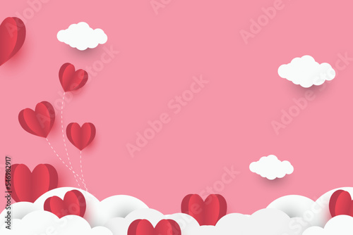 pink heart on red paper abstract background with sky and line design for valentine's day festival, Mother´s day, poster heart, banners, gift card. Vector illustration. paper art style.