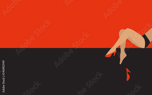 Womens legs with shoes on a red and black background in a minimal style. There is a copy space nearby.