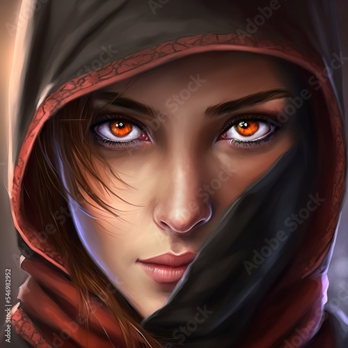 Hooded avatar of a mysterious brunette woman with intense eyes. Generative AI.
