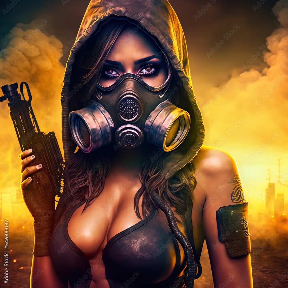 Hot gas mask babe in apocalyptic landscape. Sexy big boobs and weapon.  Stock Illustration | Adobe Stock