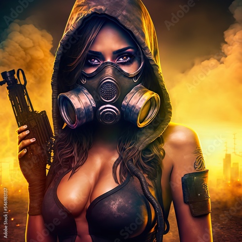 Hot gas mask babe in apocalyptic landscape. Sexy big boobs and weapon.