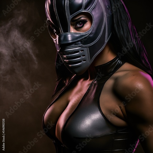 Samolepka Fetish portrait. Hot woman in black latex with mask.