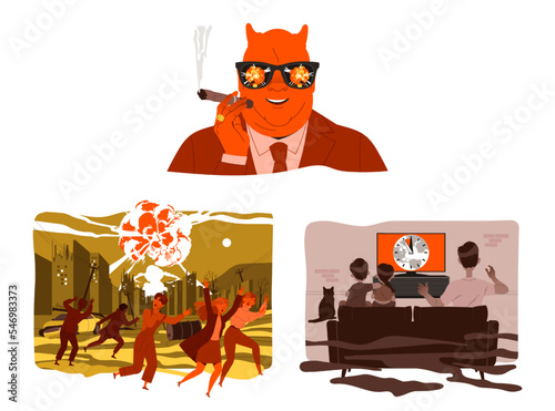 Danger of Nuclear Catastrophe with Evil Man Smoking Cigar and Hazardous Atomic Explosion Vector Set