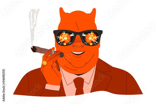 Danger of Nuclear Catastrophe with Horned Evil Man Politician in Sunglasses with Explosive Cloud Reflection Smoking Cigar Vector Illustration