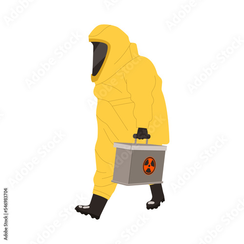 Man Worker in Yellow Protective Suit Carrying Box with Radioactive Waste Vector Illustration