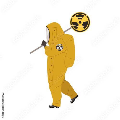 Man Worker in Yellow Protective Suit Carrying Banner with Radioactive Waste Sign Vector Illustration
