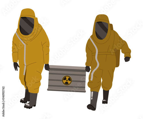 Man Worker in Yellow Protective Suit Carrying Box with Radioactive Waste Vector Illustration