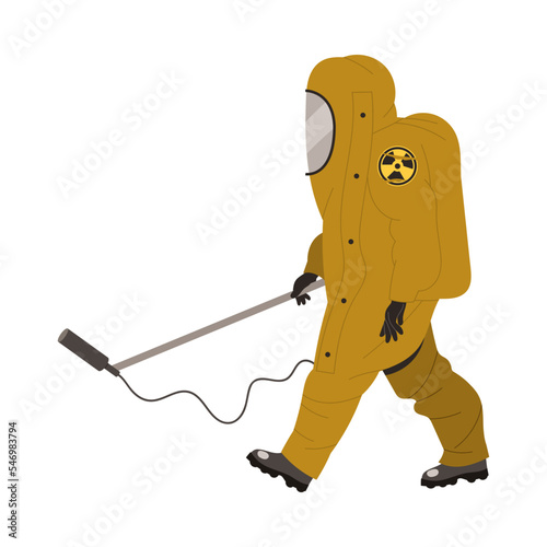 Man Worker in Yellow Protective Suit Measuring Level of Radioactive Waste Vector Illustration