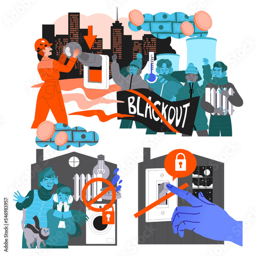 Energy Crisis and Disaster with Electricity Supply Blackout and People Trying to Warm Vector Set