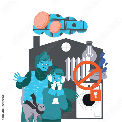 Energy Crisis and Disaster with Electricity Supply Blackout and People Trying to Warm Vector Illustration