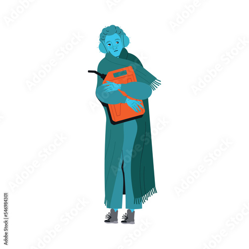Freezing from Cold Man Character Wrapped in Blanket Holding Petrol Can Vector Illustration