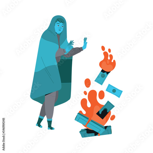 Freezing from Cold Man Character Wrapped in Blanket Warming Near Burning Fire Flame Vector Illustration