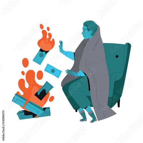 Freezing from Cold Man Character Wrapped in Blanket Sitting in Armchair Warming Near Burning Fire Flame Vector Illustration
