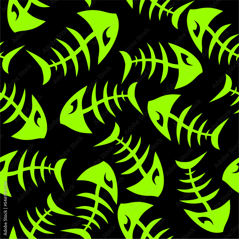 bright seamless pattern of green graphic fish skeletons on a black background, texture, design bright seamless pattern of green graphic fish skeletons on a black background, texture, design