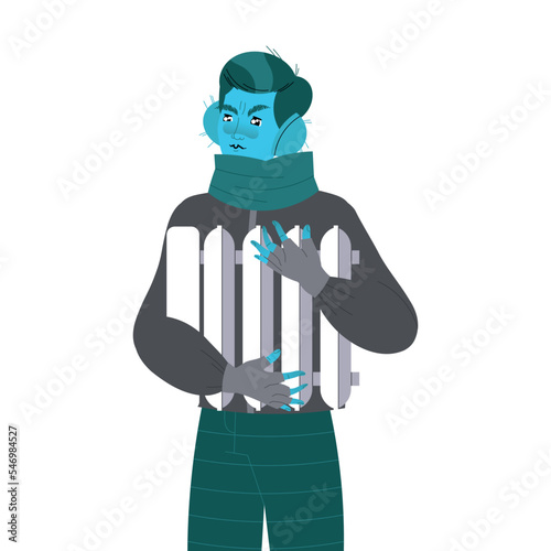 Freezing from Cold Man Character in Scarf Holding Unheated Battery Vector Illustration