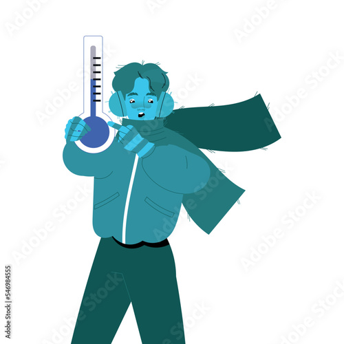 Freezing from Cold Man Character in Scarf Showing Thermometer with Low Temperature Vector Illustration