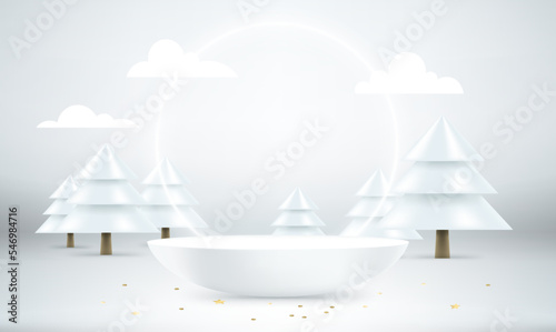 Christmas composition with frame and different holiday accessories. 3d vector banner with copy space