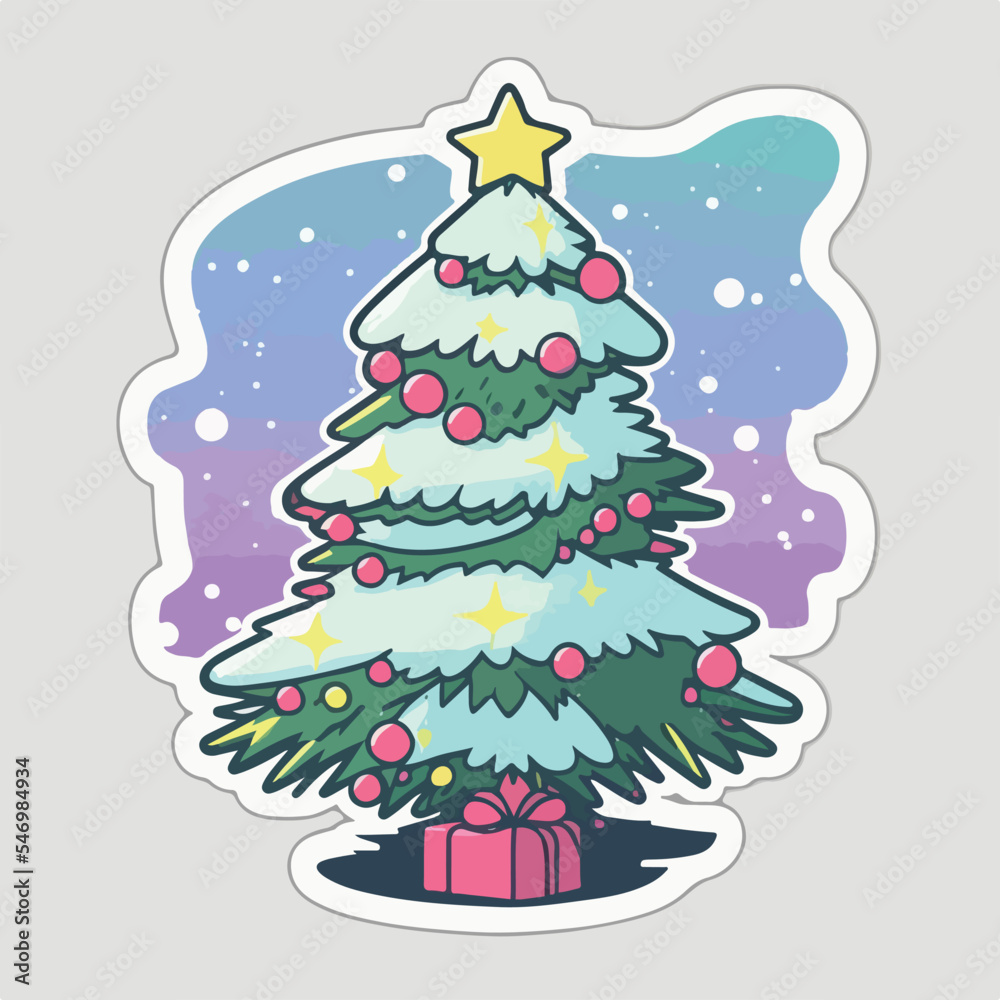 Christmas tree cartoon sticker, xmas tree with toys stickers decoration. Multicolor Christmas tree cartoon sticker, xmas tree with toys stickers decoration. Multicolor