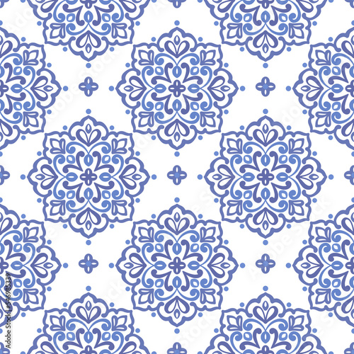 Blue and white luxury vector seamless pattern. Ornament, Traditional, Ethnic, Arabic, Turkish, Indian motifs. Great for fabric and textile, wallpaper, packaging design or any desired idea. 