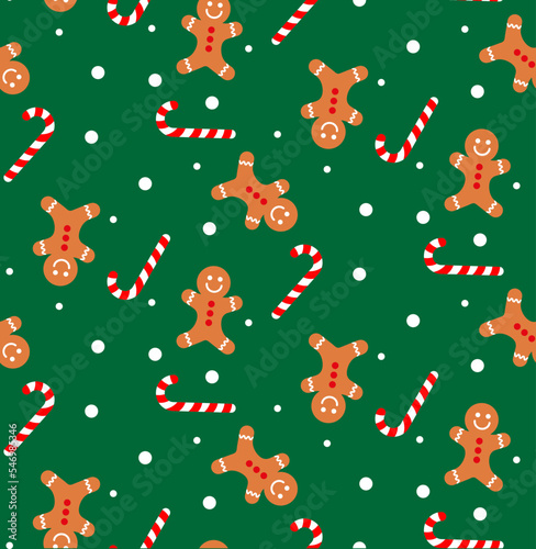 Seamless Christmas Pattern With Gingerbread Man, Santa Claus, Christmas Tree, And Candy Cane On Dark Green Background. Cute Cartoon Illustration
