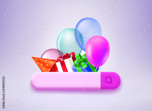 
Searching for holiday presents concept. Gift box and air balloons with searching bar. 3d vector illustration