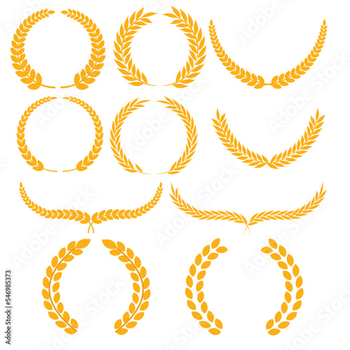 Set of gold laurel wreath.Certificate of appreciation, award diploma.Golden medal.First place.Winner label.Achievement.Vector illustration.Sign, symbol, icon or logo isolated.Flat design.Graphic.