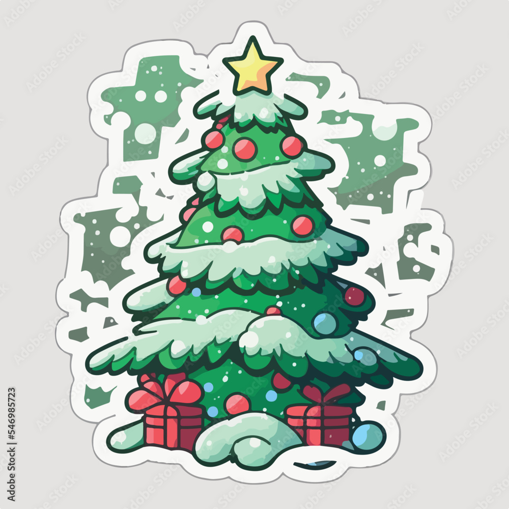 Christmas tree sticker, xmas tree with toys stickers pack. Winter holidays