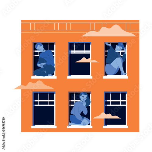 Man and Woman Character Sitting in Narrow Apartment Window as Mass Emigration Vector Illustration