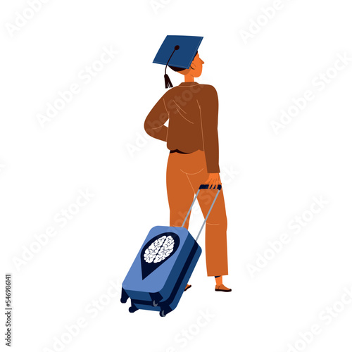Man in Graduation Cap with Suitcase Leaving Place of Residence as Mass Emigration Vector Illustration