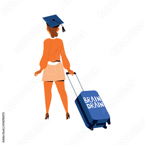 Woman in Graduation Cap with Suitcase Leaving Place of Residence as Mass Emigration Vector Illustration