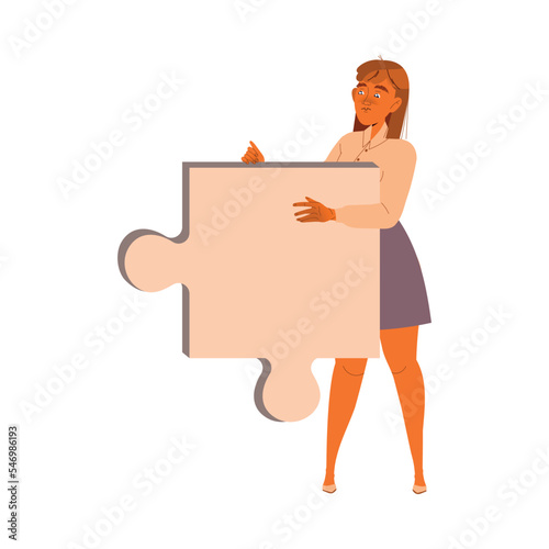 Young Woman with Jigsaw Puzzle Having Challenge with Emigration Vector Illustration