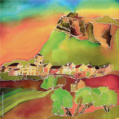 Ilustración de pueblo medieval con torre de iglesia y montaña, casas de piedra. Aínsa, pintado a mano en pañuelo de seda