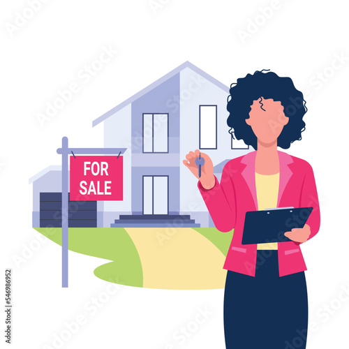 Vector illustration of realtor. Buying and selling. Building rent. Cartoon scene with girl selling house on white background.