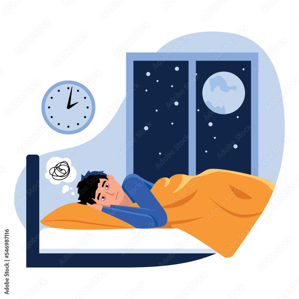 Vector illustration of insomnia. Depression. Cartoon scene with a guy