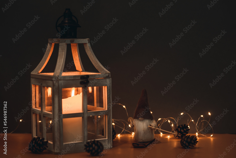 Cute dwarf next to a flashlight with a candle in retro style