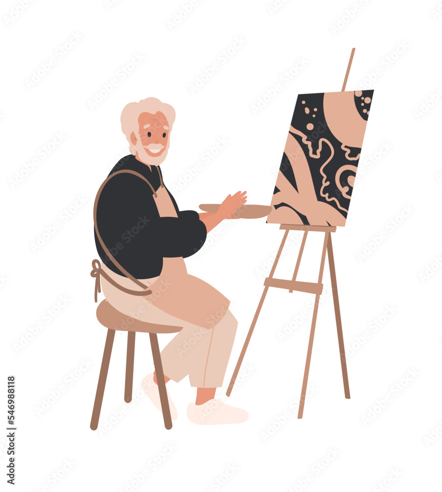 Fototapeta premium Elderly old Man painting picture on canvas, easel. Hobby, painting, art studio, art classes, workshop concept. Man painter, artist in apron.