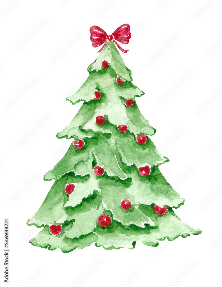 Watercolor illustration of a Christmas tree with a bow on the crown on a white background